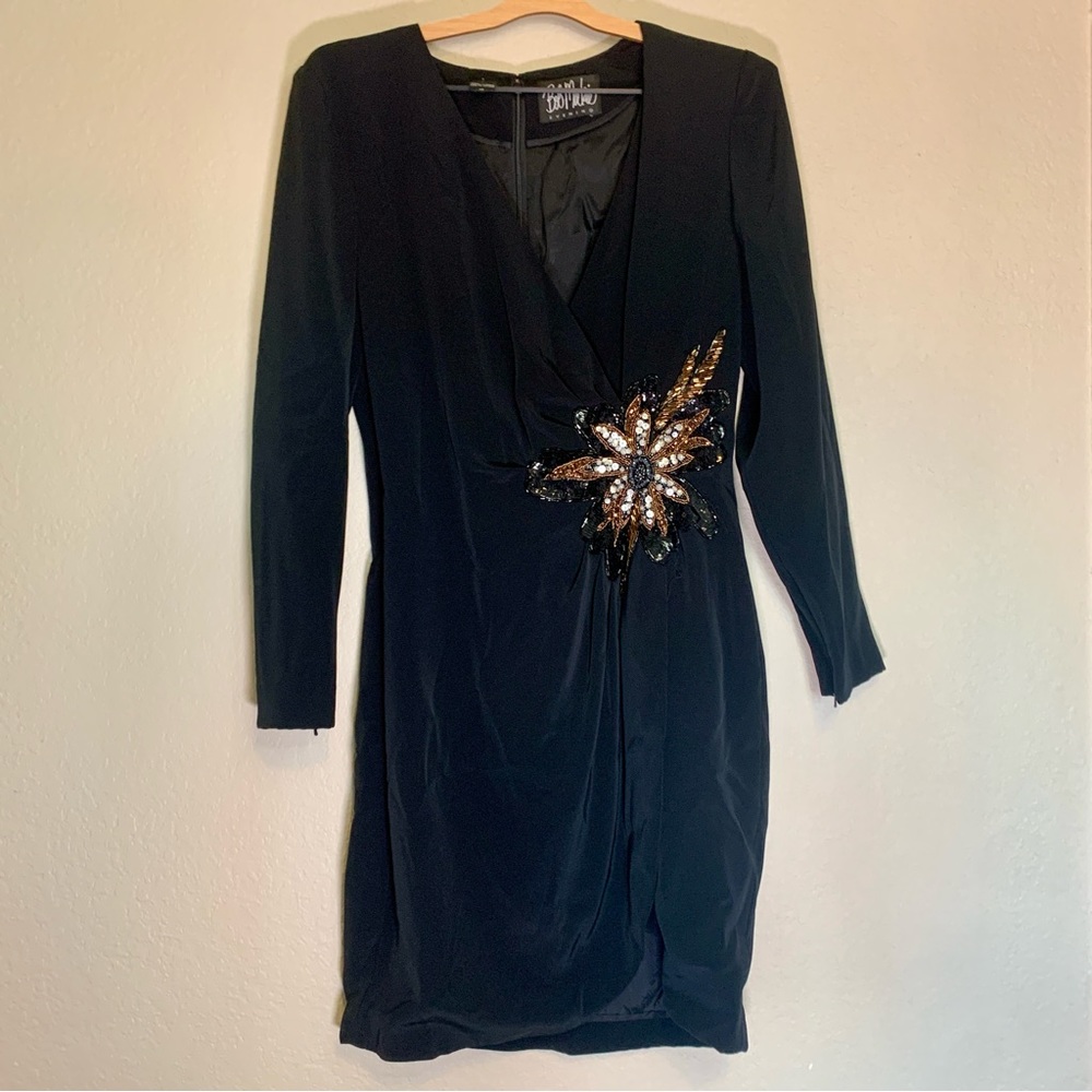 Bob Mackie Black Faux Wrap Sequin Evening Dress Long Sleeve V Neck 12 Vintage